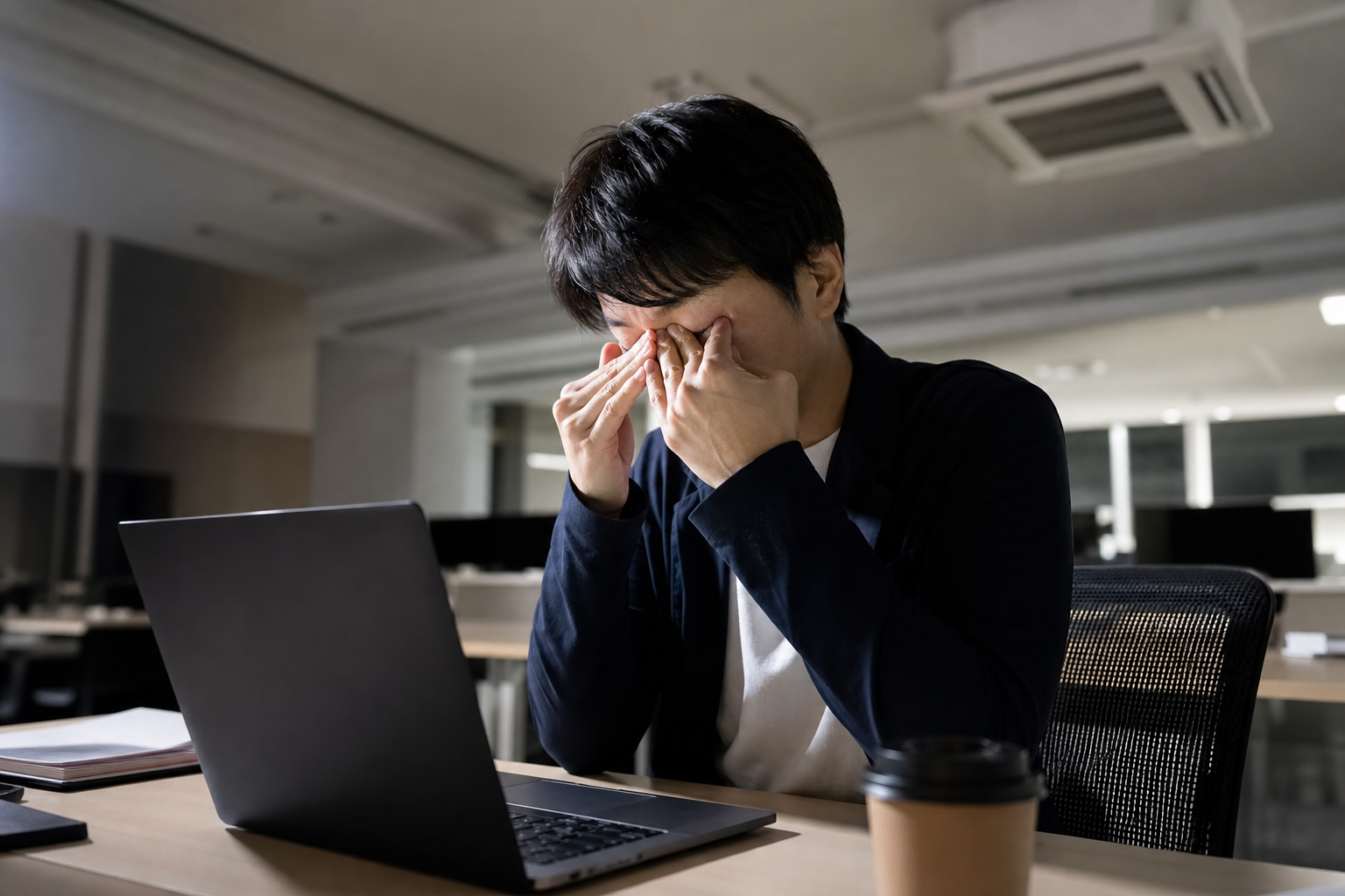 パソコン作業で目を酷使し疲れ目になる様子