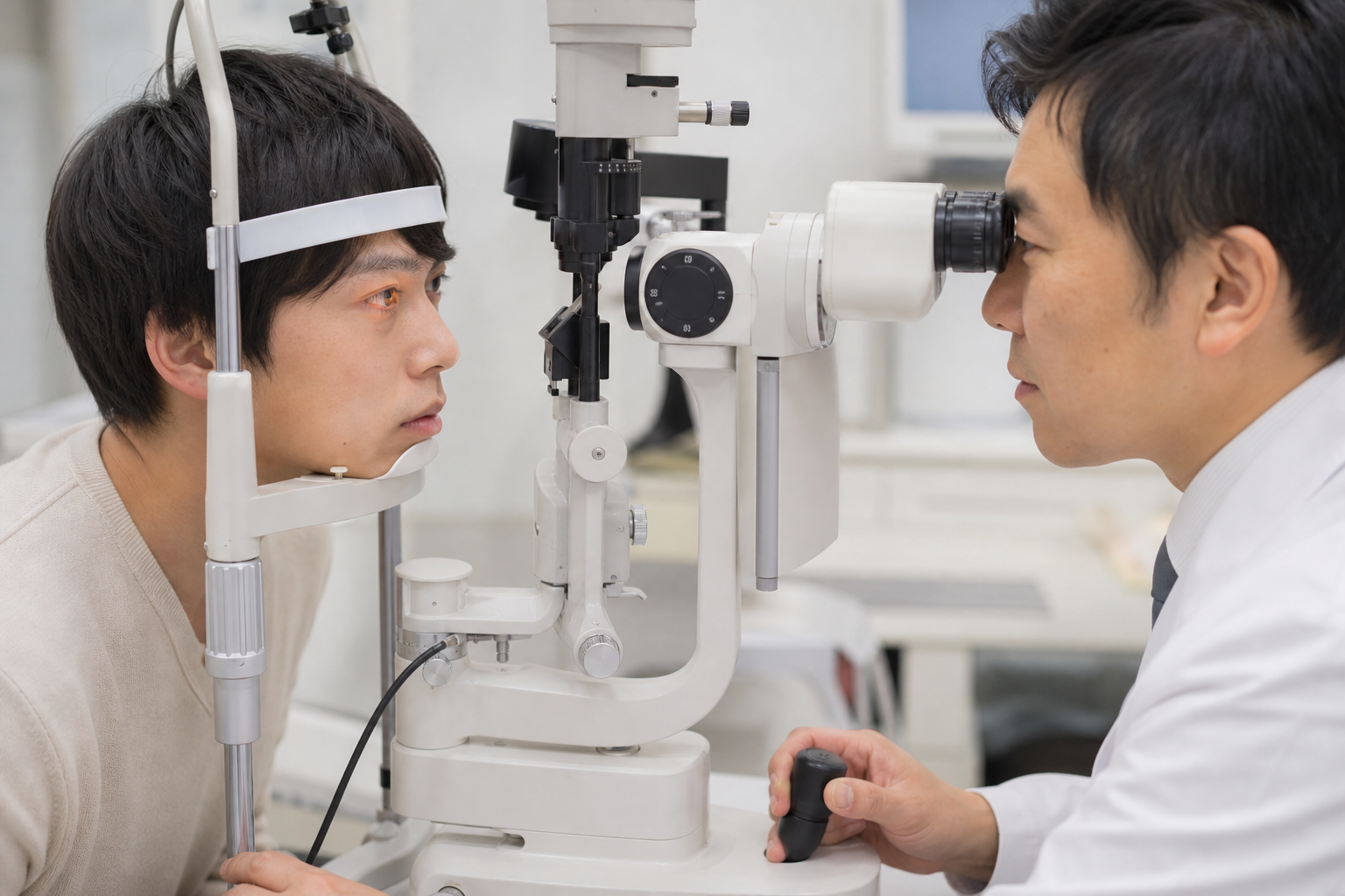 眼科で細隙灯顕微鏡による目の検査を受ける様子