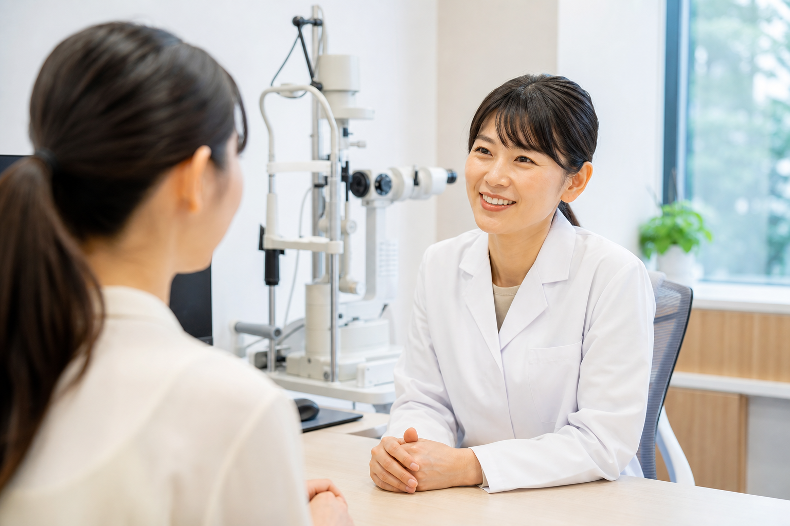 眼科で医師に相談する患者