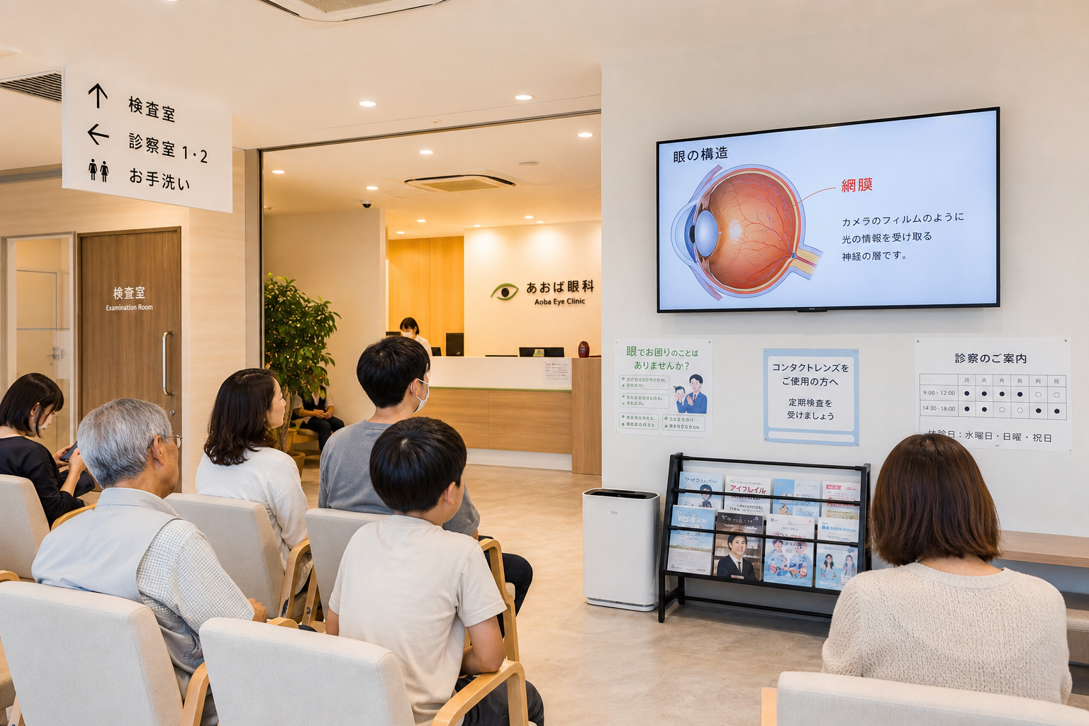 眼科クリニックの待合室。壁の大型モニターに眼の解剖動画が映し出されている。患者たちが座って見ている