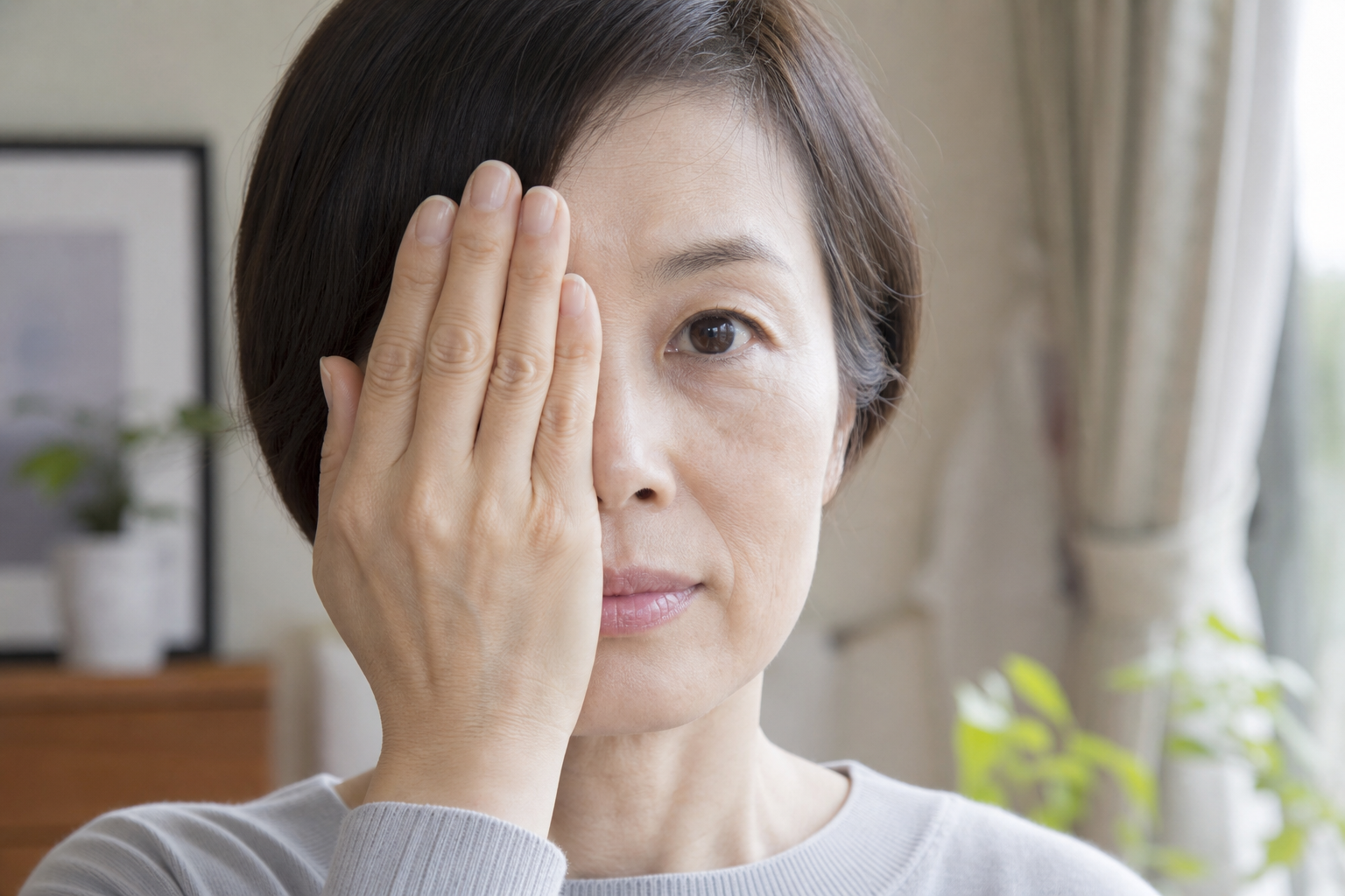 片目を手で覆って視野をセルフチェックしている日本人女性