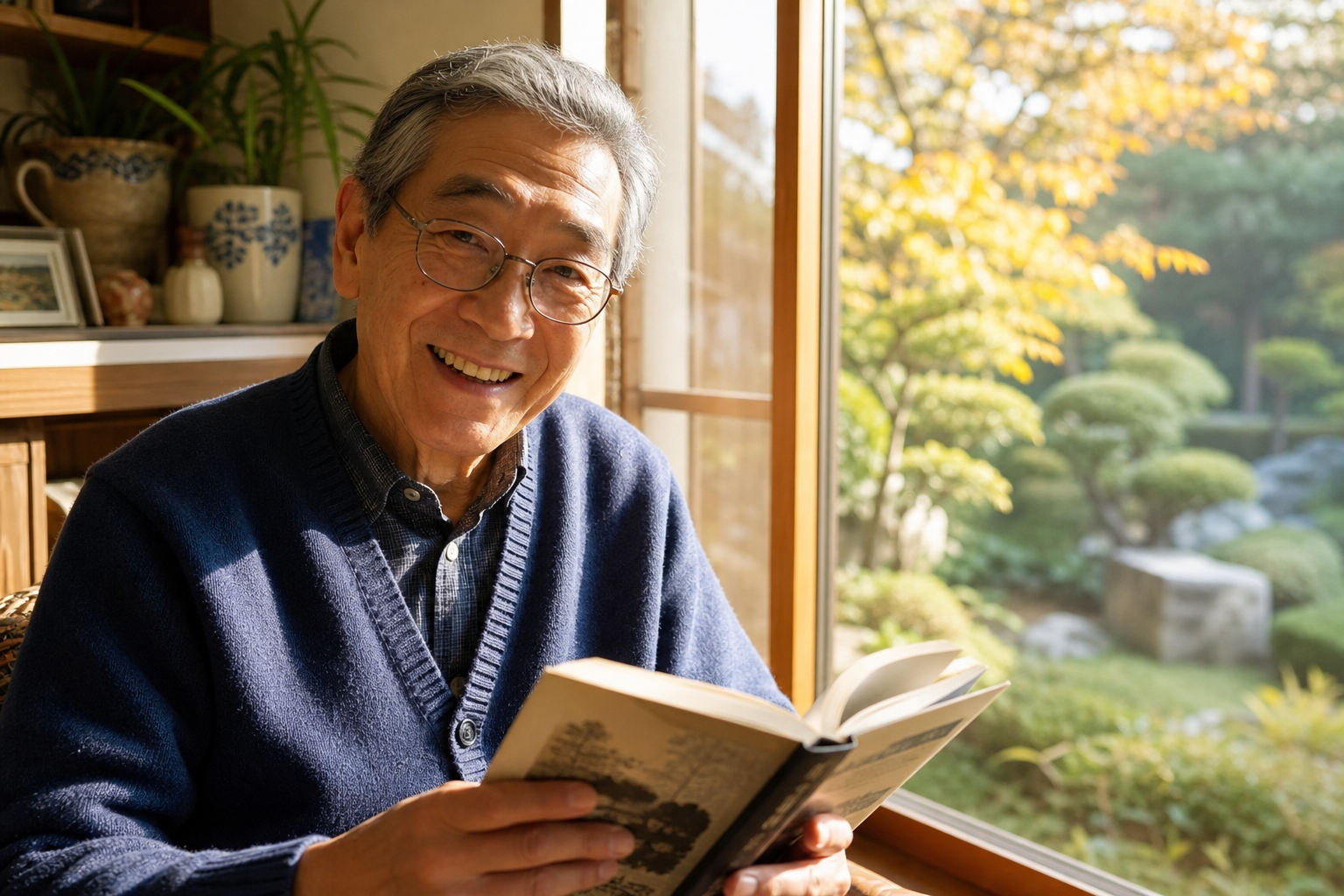 眼鏡をかけながら読書する高齢の日本人男性。窓から日本庭園が見える。笑顔で明るい雰囲気
