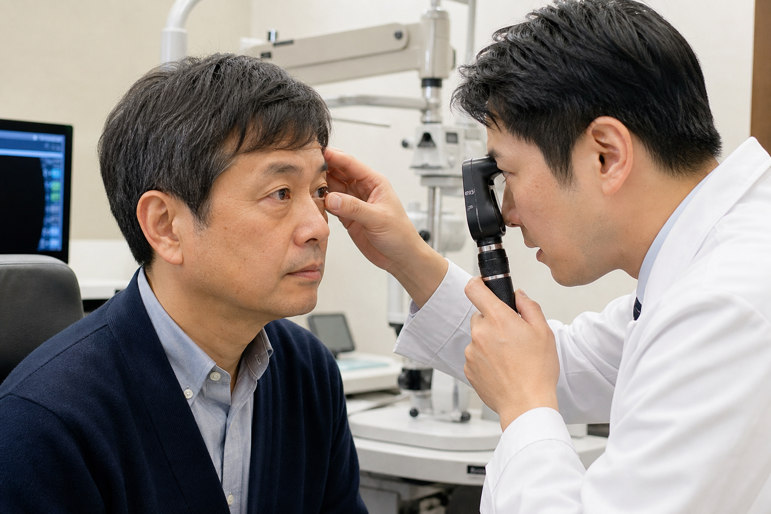 眼科医が患者の目を細隙灯で診察している写真