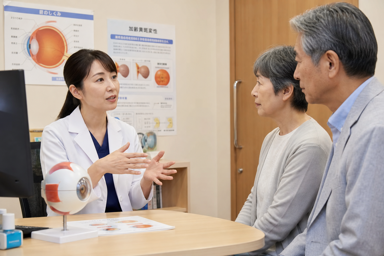 眼科医が患者夫婦に説明している写真。目の模型と説明資料が机の上にある