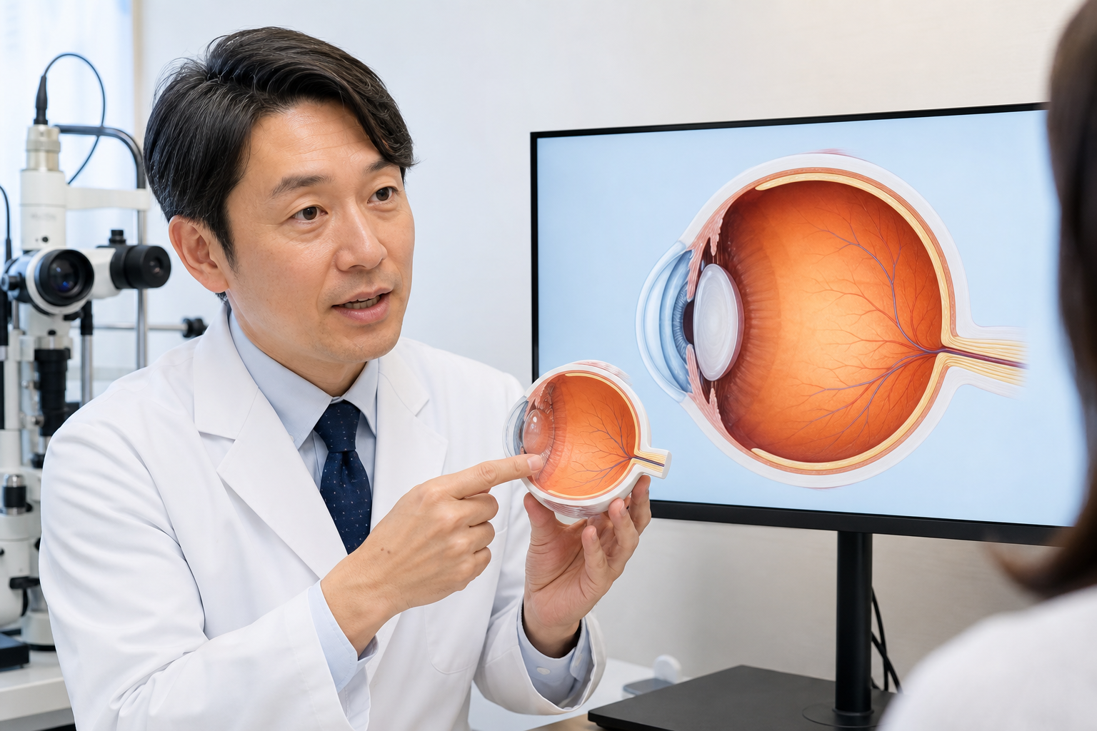 眼科医が眼球模型を使って網膜の位置を説明している写真