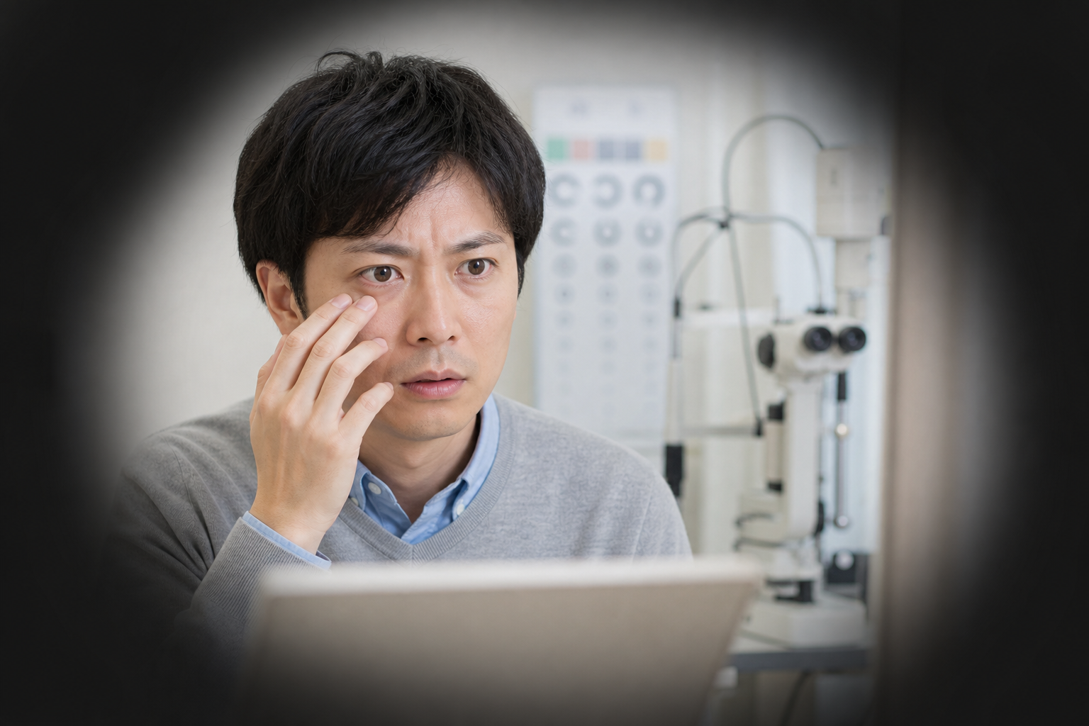 目の異変に不安を感じる日本人男性の視野が暗くなっているイメージ写真