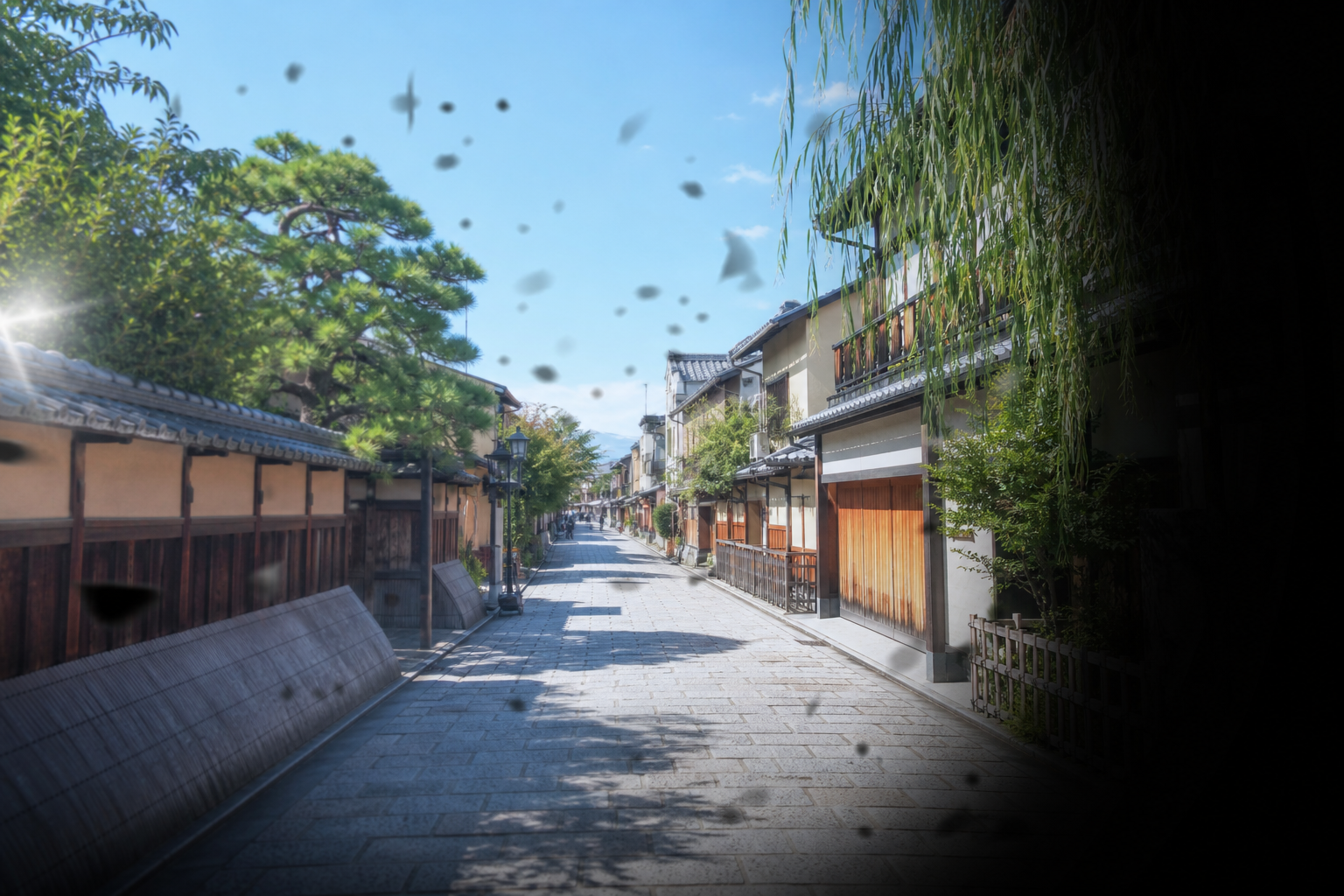 日本の街並みが飛蚊症と視野のカーテンで見えにくくなっている視点イメージ
