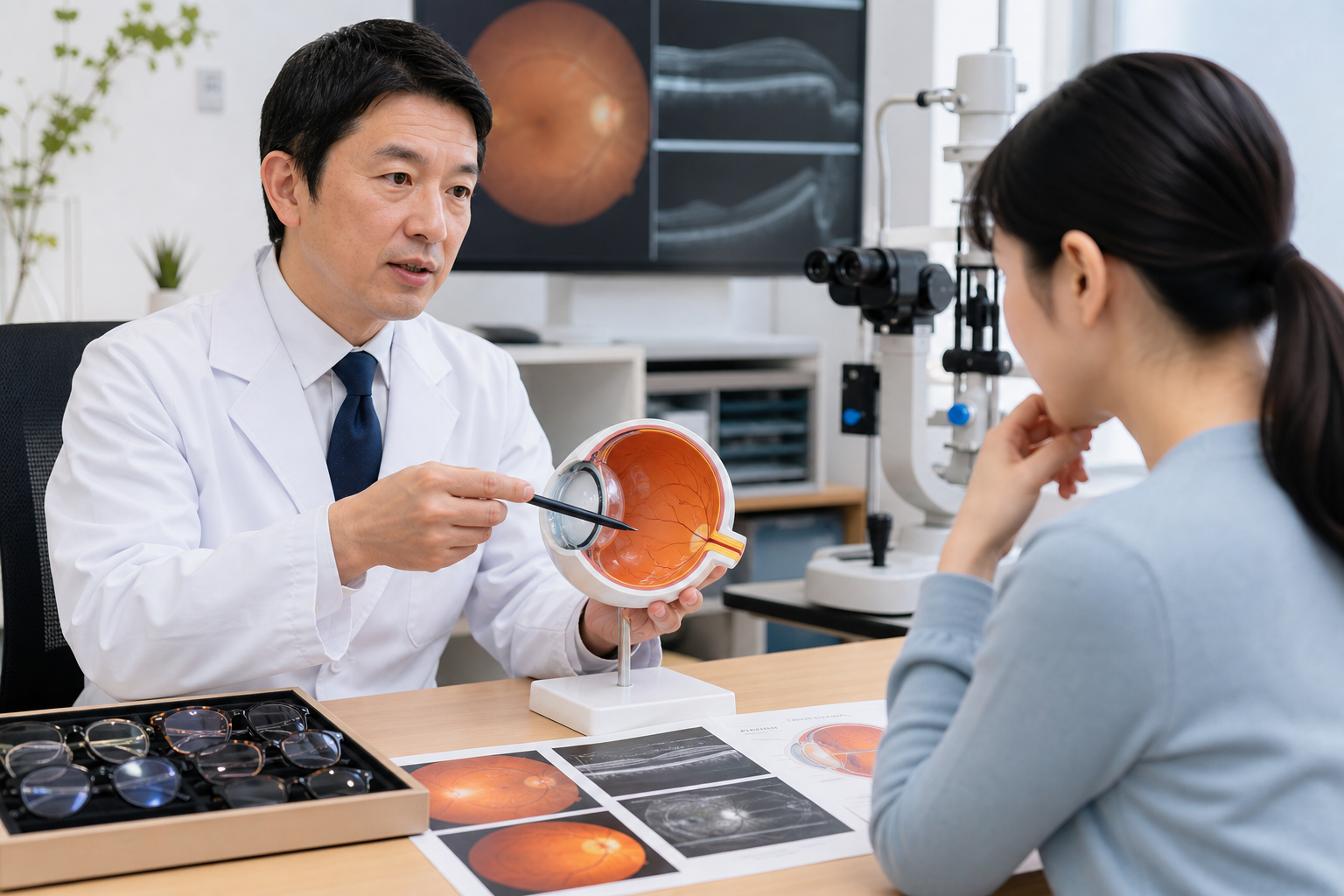 眼科相談室で強度近視や目の既往歴について相談する様子