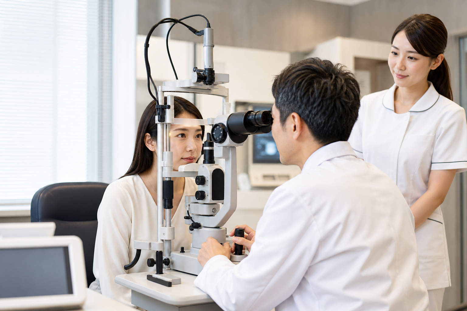 日本の眼科で患者が細隙灯顕微鏡検査を受けている写真
