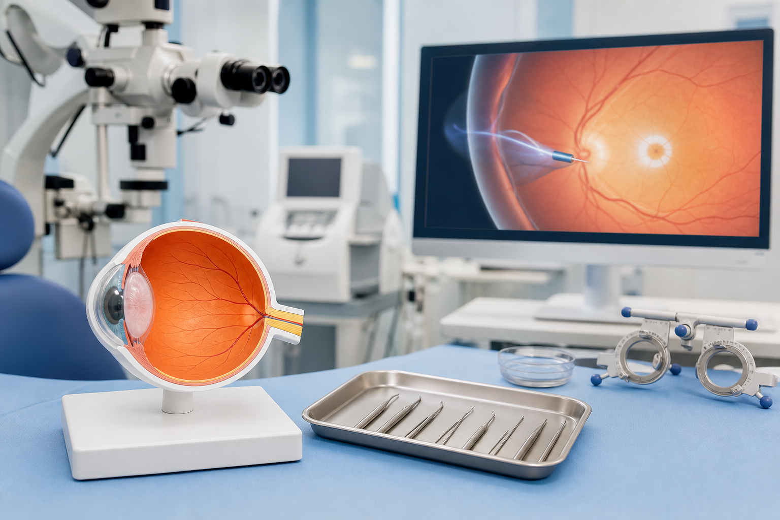 眼科手術室の清潔な環境で網膜治療を説明する眼球模型と医療機器の写真