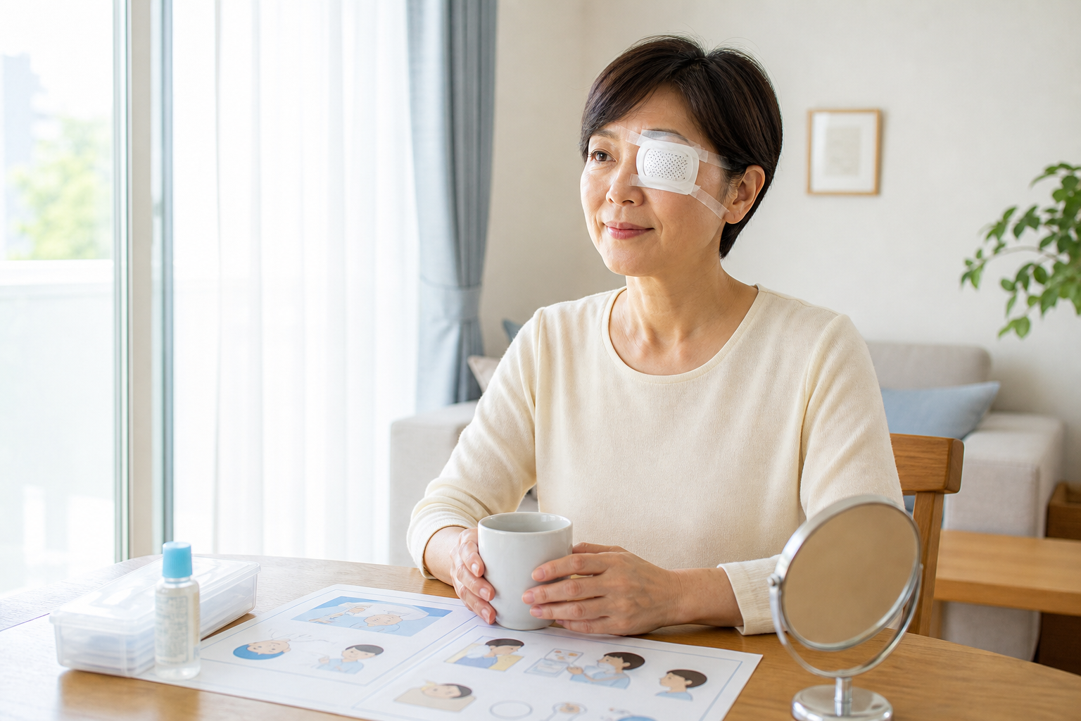 網膜剥離治療後の患者が自宅で安静にしながら説明書を確認している写真