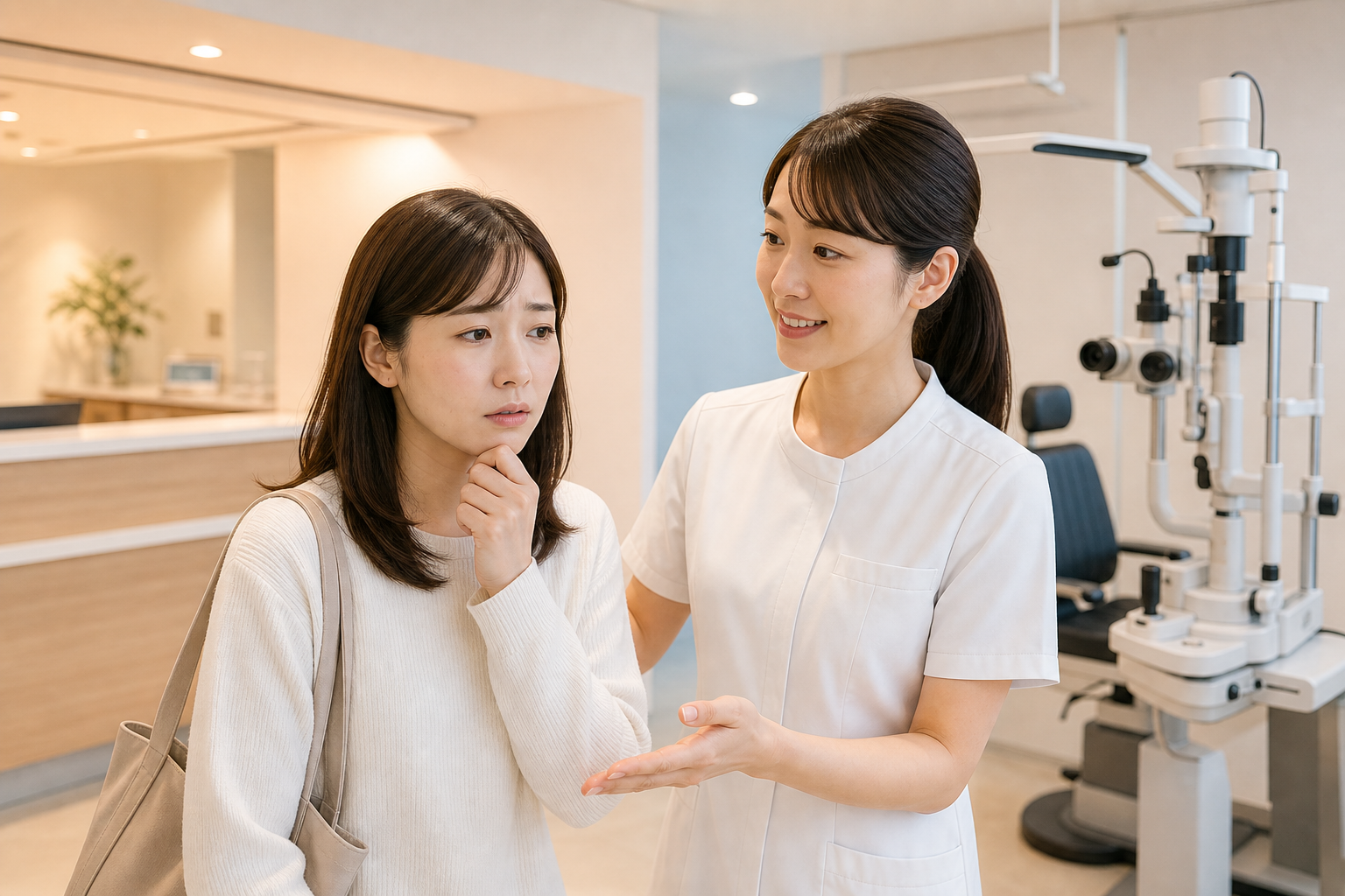 眼科スタッフが不安そうな患者を検査室へ案内している写真