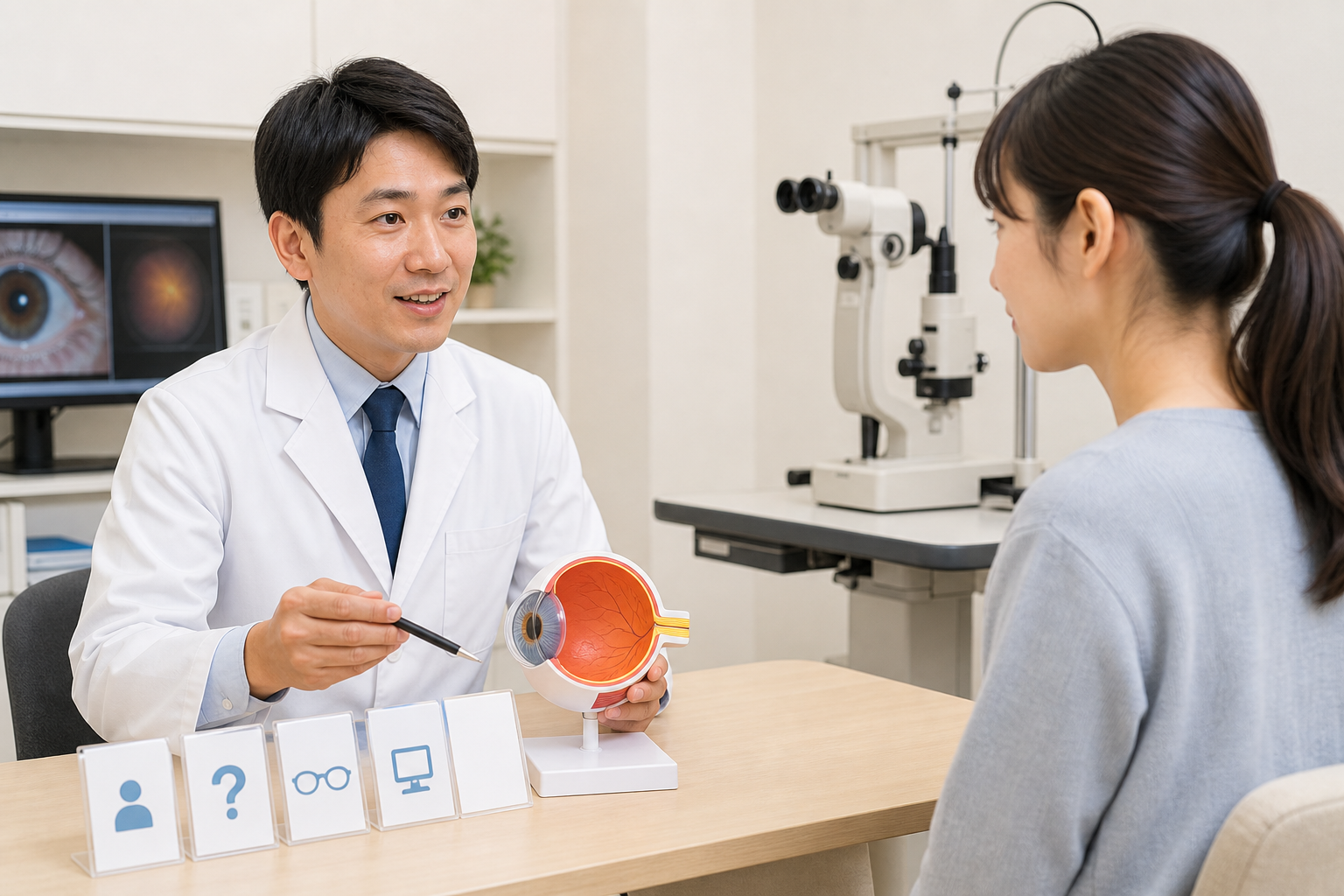 眼科医が患者からの質問に眼球模型を使って答えている写真